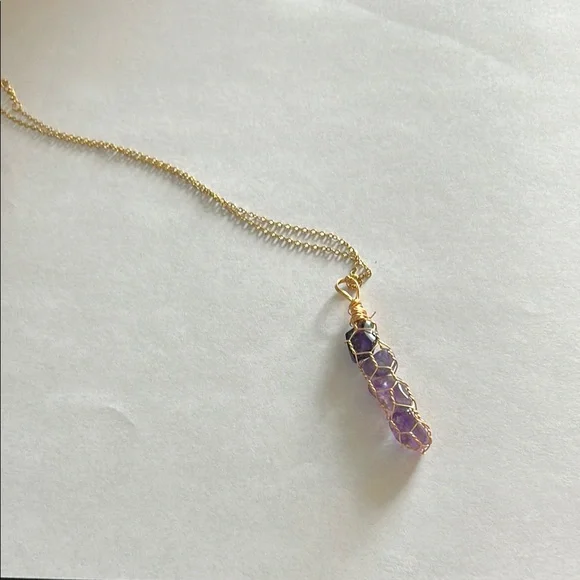 Gold and Purple Amethyst Mesh Bag Pendant Necklace - Picture 1 of 1